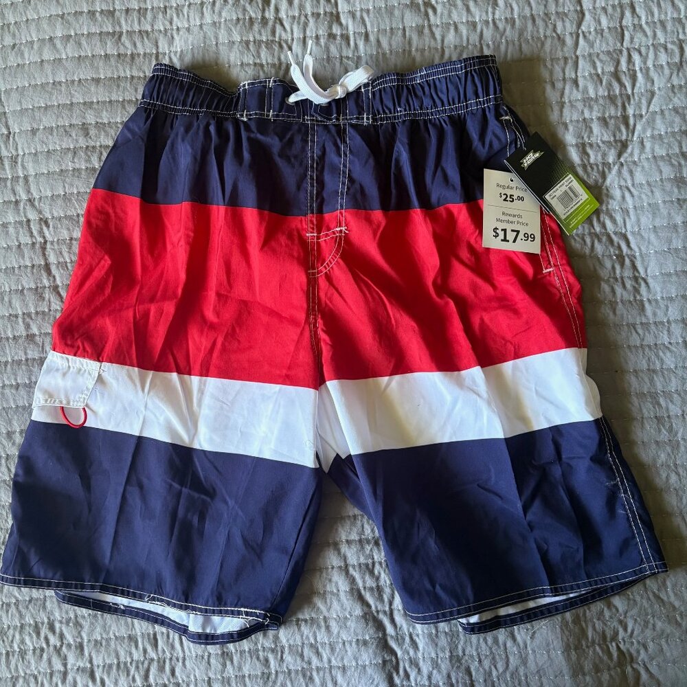 NWT Men’s Striped Swim Trunks Board Shorts – Red, White & Navy (Size Large)